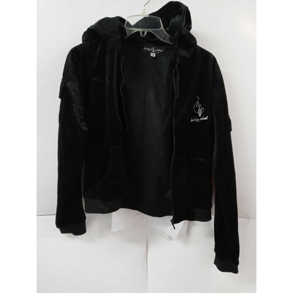 Baby Phat Black Velour Hoodie Jacket Women’s M Y2K Zip Up Logo Hooded